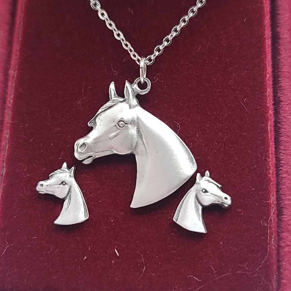 Silver-tone Horse Pendant & Stud Earring Set Right and Left Earrings w/box